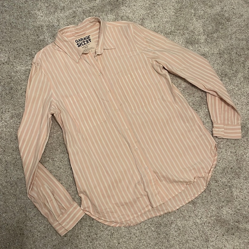 Garage Shirt Pink/White Striped Relaxed Fit Button Up Long Sleeve Shirt (Medium)
